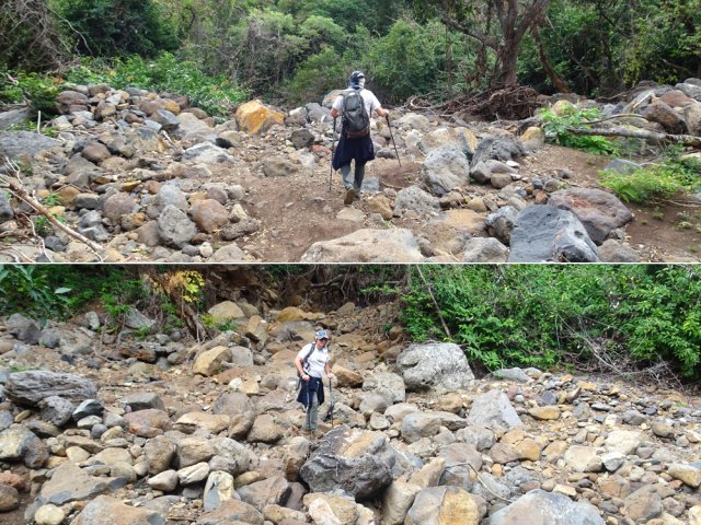 Deux passages chamboulés lors du dernier cyclone. Suivre les rares traces blanches