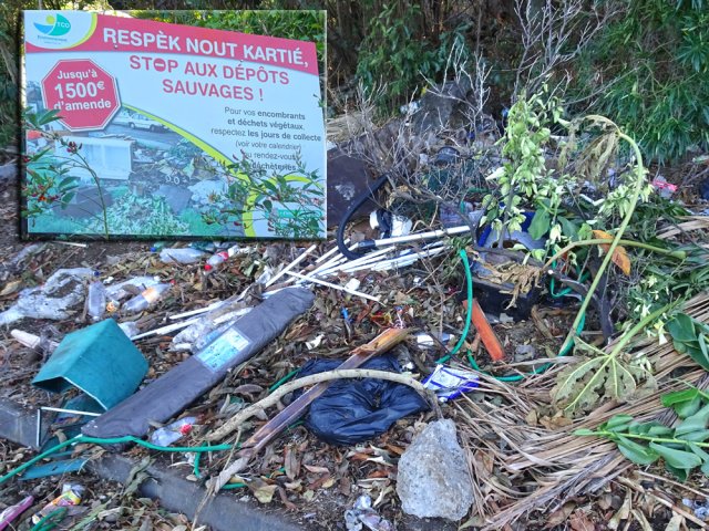 On est accueilli par un dépôt sauvage d'au moins 3000 € d'amende sous le panneau !