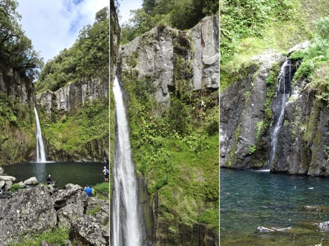 Un canyoniste avec sa corde rouge descend la falaise à droite de la cascade
